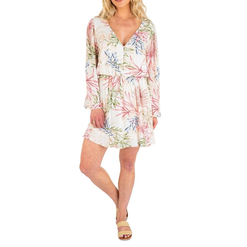 Hurley Juniors' Tropical Summer Palm Printed V-Neck Crinkle Mini Dress M